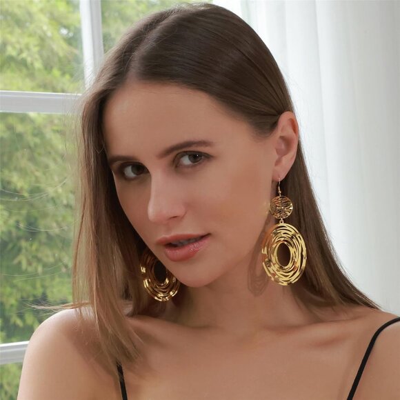 Big Gold Hollow Out Boho Geometric Hook Statement Gold Hoop Dangle Earrings - Picture 4 of 8